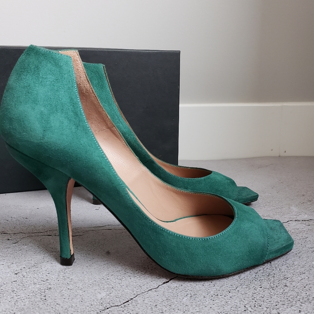 Pura Lopez Emerald Green Suede Peep Toe Pumps Sz 38.5 - Picture 4 of 15